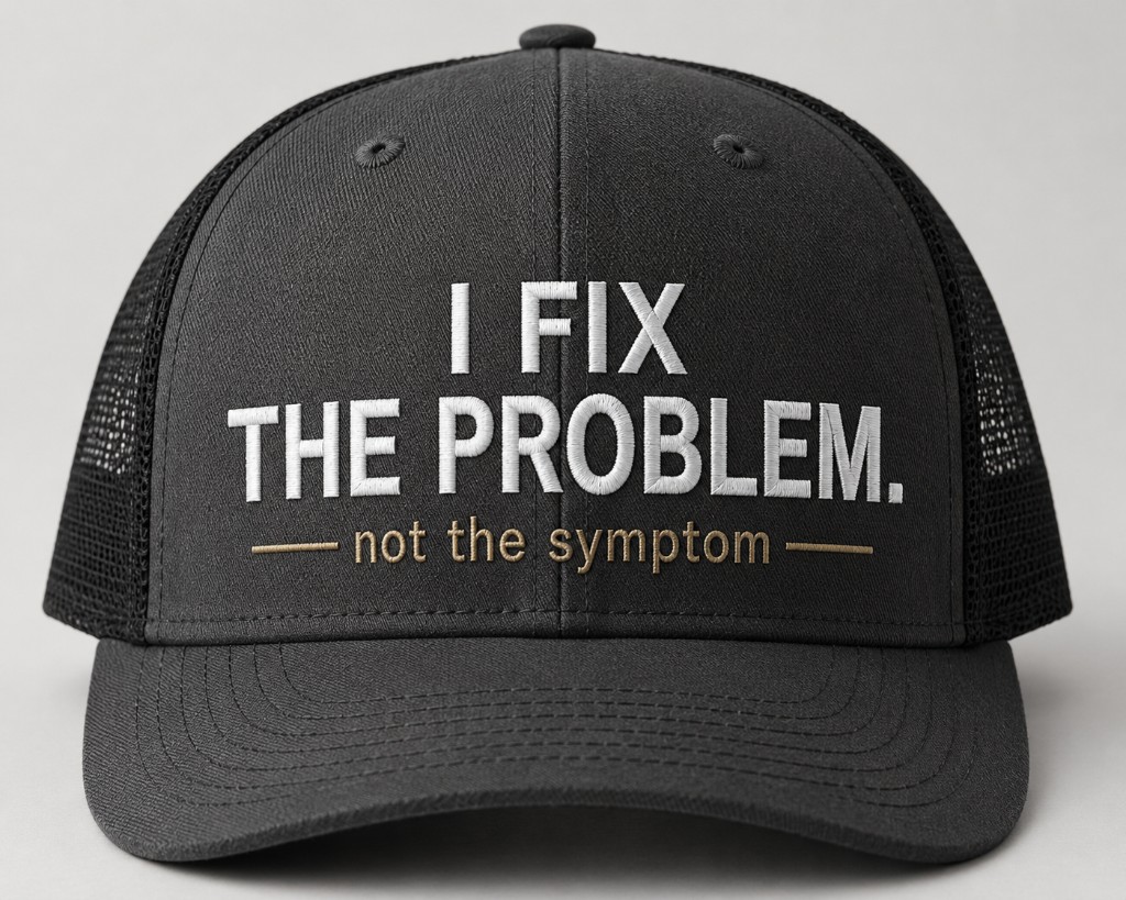 The Root Cause hat — black structured trucker with 'I FIX THE PROBLEM' embroidered in white and gold